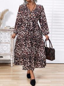 大码女式豹纹 V 领褶皱长裙，优雅连衣裙，适合工作和休闲装，秋冬 - 彩色 - 查看 5