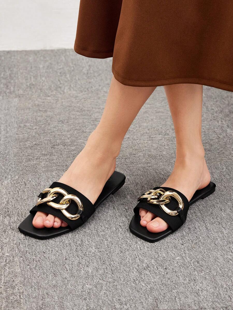 CUCCOO BIZCHIC 女士鞋黑色方头户外链条装饰拖鞋凉鞋夏季度假鞋夏季促销返校鞋大学生鞋优雅基础款商务休闲商务时尚万圣节圣诞节秋季 - 黑色 - 查看 1