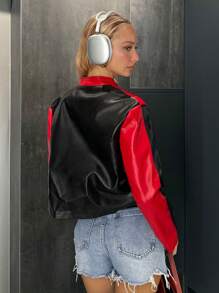 SHEIN Muchic Áo khoác da đi xe máy Colorblock Pu dành cho nữ, Xuân Thu - Nhiều màu - Xem 3