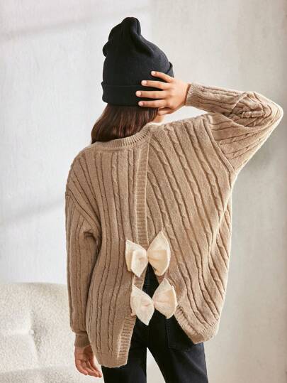 SHEIN Tween Girls' Loose Casual Pullover Sweater With Contrasting Bow Decor And Side Slit, Comfy And Versatile For Early Autumn