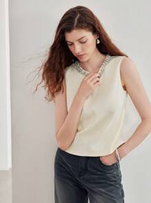 MOTF STUDIO WOMEN'S SUMMER RHINESTONE DECOR ROUND NECK ELEGANT TANK TOP - White - View 6