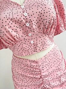 Soleia Plus Size Summer Casual Polka Dot Printed Puff Sleeve Shirt And Ruched Skirt Two-Piece Set - Dusty Pink - View 3