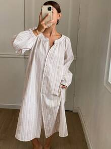 DAZY Textured Striped Fabric Open Cardigan House Dress Pajama - Pink - View 3