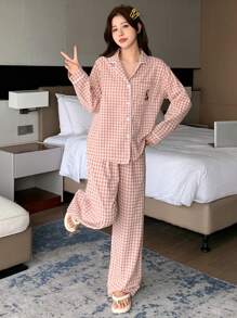 DAZY 2pcs Plaid Embroidery Pattern Long Sleeve & Long Pants Pajama Set - Baby Pink - View 5
