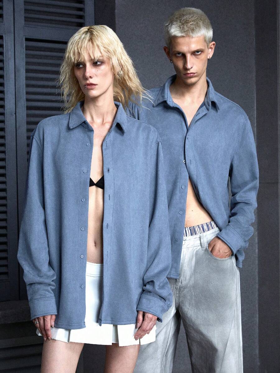 Manfinity VCAY 男性或中性款Y2K荒野風格丹恩風格末世風格的洗褪藍色絨面皮編織長袖休閒衫，適合春夏日常穿著的寬鬆青年街頭風格 - 藍色 - 查看 1