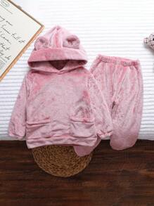 女童法兰绒卡通连帽长袖休闲两件套睡衣套装，冬季 - 粉色 - 查看 1