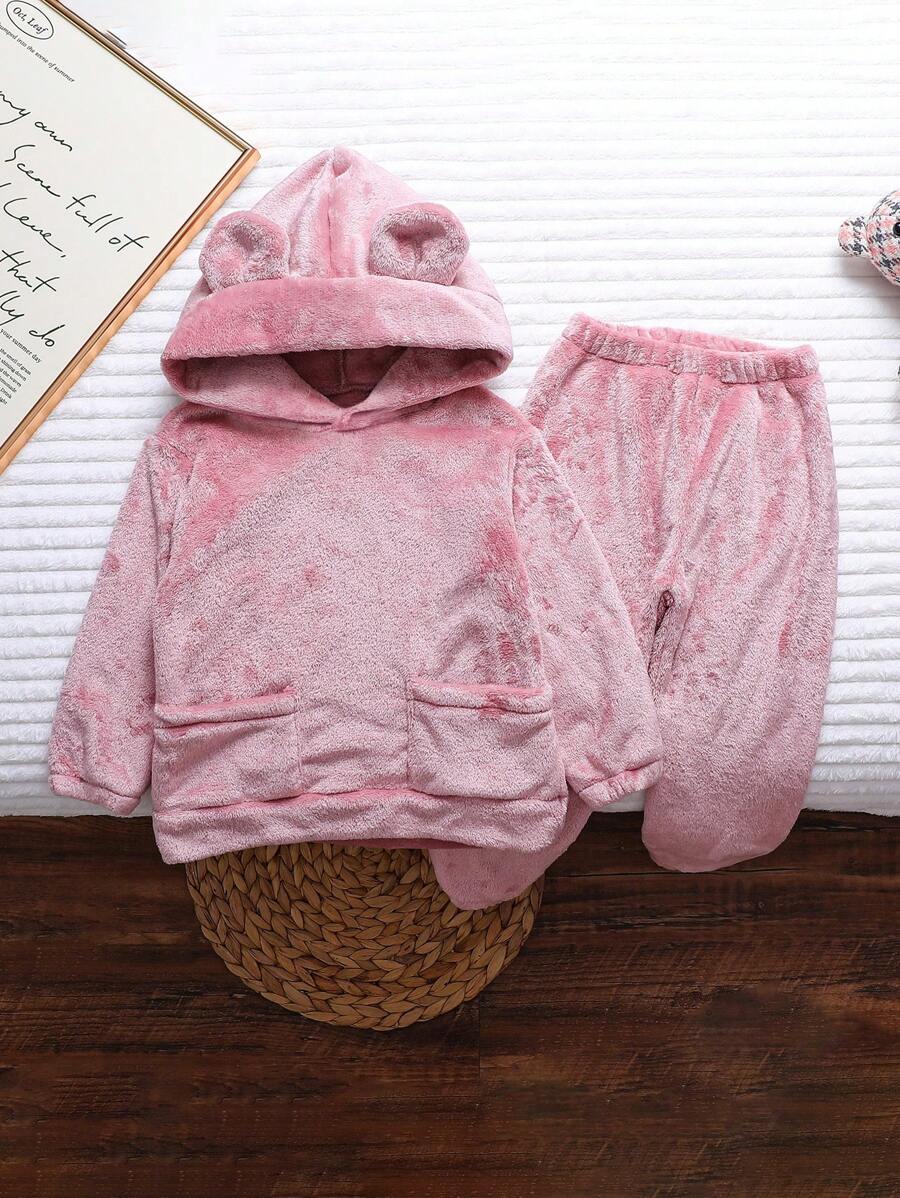 女童法兰绒卡通连帽长袖休闲两件套睡衣套装，冬季 - 粉色 - 查看 1