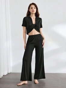 Ocili Leisure Comfortable & Smooth  Loose Fit Short Sleeve Pants Pajama Set - Black - View 3