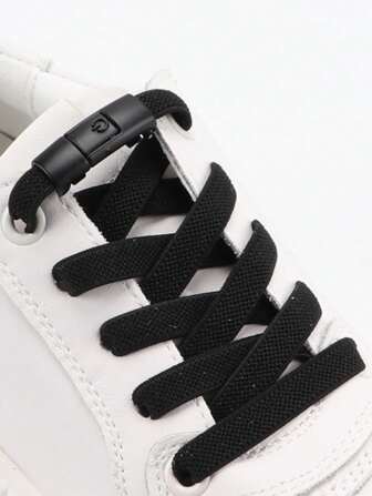 2 PCS Solid Color No-tie Shoelaces With Buckle, Black Polyester Unisex Accessories For Shoes