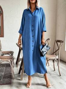 Chiquease Loose Batwing Sleeve Vacation Style Shirt Dress With Front Buttons - Medium Wash - View 4