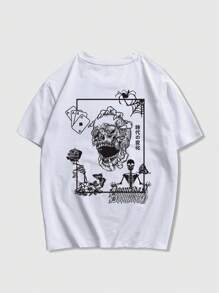 ROMWE MEN Goth 男士骷髅和扑克牌印花落肩 T 恤，学校 - 白色 - 查看 1