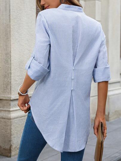 EMERY ROSE 女士条纹印花 V 领卷袖休闲衬衫