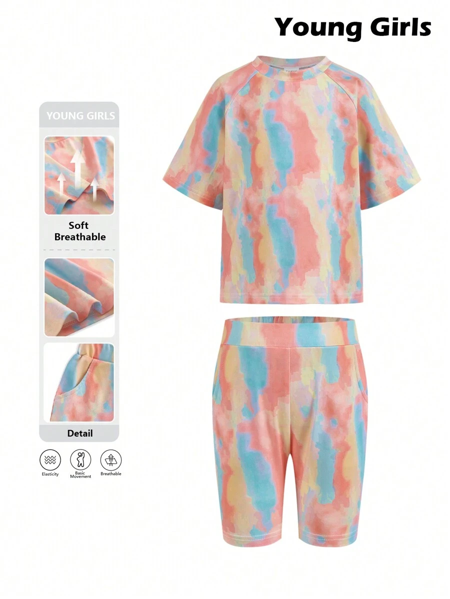 SHEIN Conjunto de 2 piezas de niña joven con camiseta de manga corta deportiva y pantalones cortos con patrón asimétrico y degradado de colores - Rosa - Ver 1