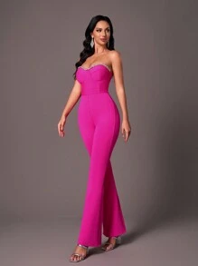 SHEIN Belle Glamorous Rhinestone Embellished Bustier Elegant Jumpsuit With Padded Cups - Hot Pink - View 1