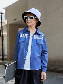 SHEIN Camisa de manga larga simple estampada para niños preadolescentes