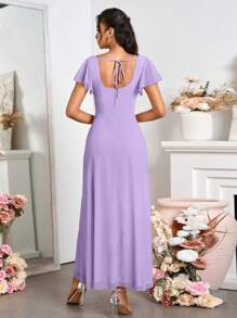 SHEIN Belle Vestido feminino maxi com fenda e decote quadrado sem costas para dama de honra - Roxa - Ver 2