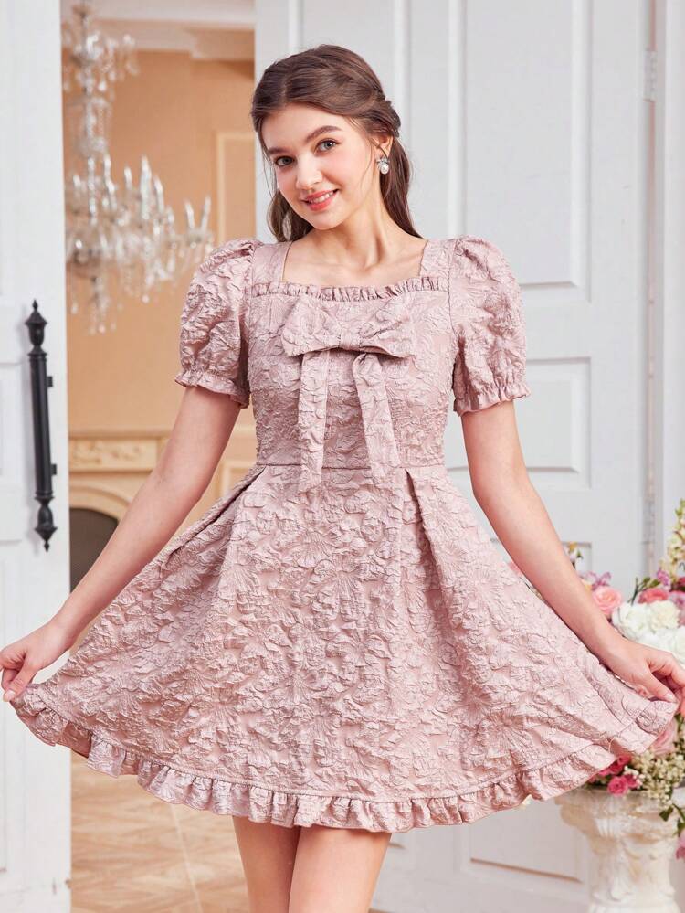 DRMZ Teen Girl Teen Girls' Jacquard Woven Puff Sleeve Dress With Big Bow Tie Decoration