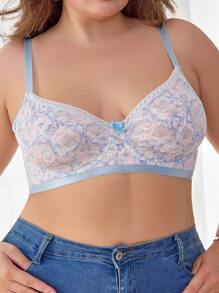 SHEIN Plus Size Women's Embroidery Decor Bra & Wireless Bra Set, Lingerie - Baby Blue - View 5