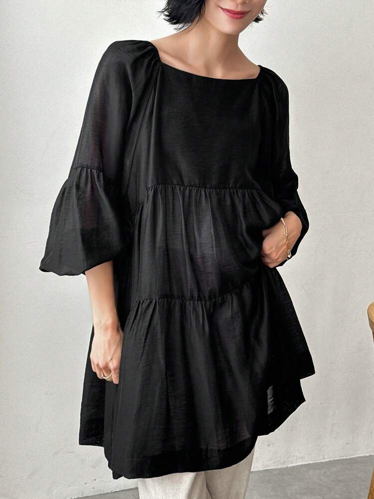 Women's Loose Fit Ruffle Trim Oversized Blouse Linen Long Sleeve Top