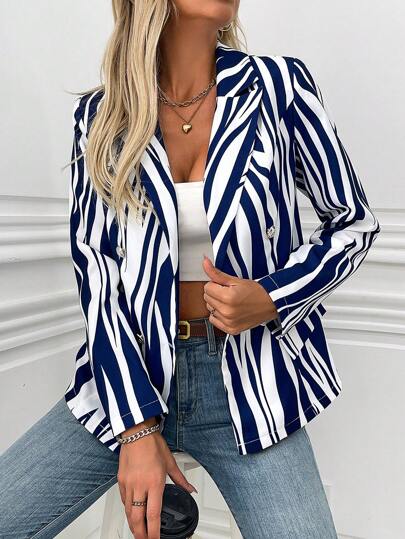 SHEIN Clasi Chaqueta de blazer de doble botonadura con estampado de cebra informal, primavera y otoño para mujer