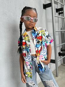 SHEIN 年轻女孩宽松编织涂鸦印花衬衫 - 彩色 - 查看 3