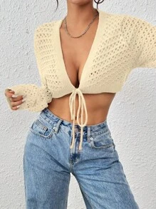 SHEIN Unity Cárdigan ligero de unicolor con cordones y calado para primavera y verano - Champán - Ver 6