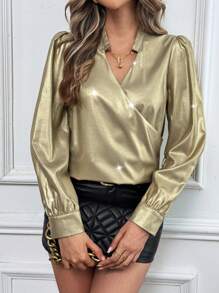 SHEIN Essnce 女士春夏或秋季服装金色纯色女士衬衫编织交叉 V 领长袖衬衫适合日常生活和派对的衬衫复古风格返校服装教师服装 - 金色 - 查看 3