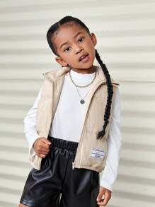 SHEIN Gilet matelassé sans manches à col montant en couleur unie tricoté, avec appliqué de lettre, pour jeune fille - Kaki - Voir 10