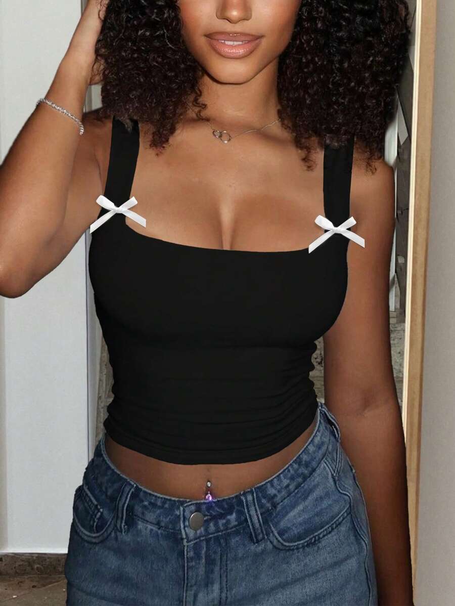 Women's Comfortable Bow Decor Strap Y2K Tank Top With U-Neck - màu đen - Xem 1