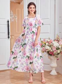SHEIN Teen Girl's Woven Square Neck Floral Printed Dress