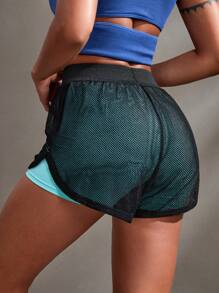 Gameset SHEIN Sport 女士网眼透气简约日常休闲运动短裤 - 藍色 - 查看 3