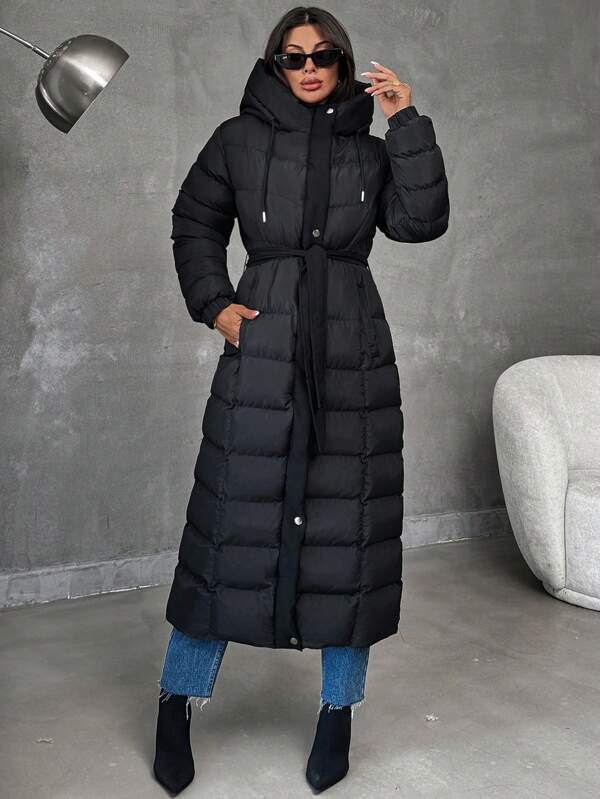 SHEIN Damen lang geschnittener Daunenparka mit kontrastierenden Stoff-Details, Kapuze, verstellbarem Kordelzug an der Kapuze, Gürtel-Details, elegante und warme Outfits