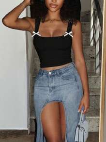 Women's Comfortable Bow Decor Strap Y2K Tank Top With U-Neck - màu đen - Xem 3