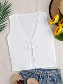 SHEIN Unity Women's Summer Solid Color Front Tie Crew Neck Sleeveless Loose Cardigan Sweater - White - View 1