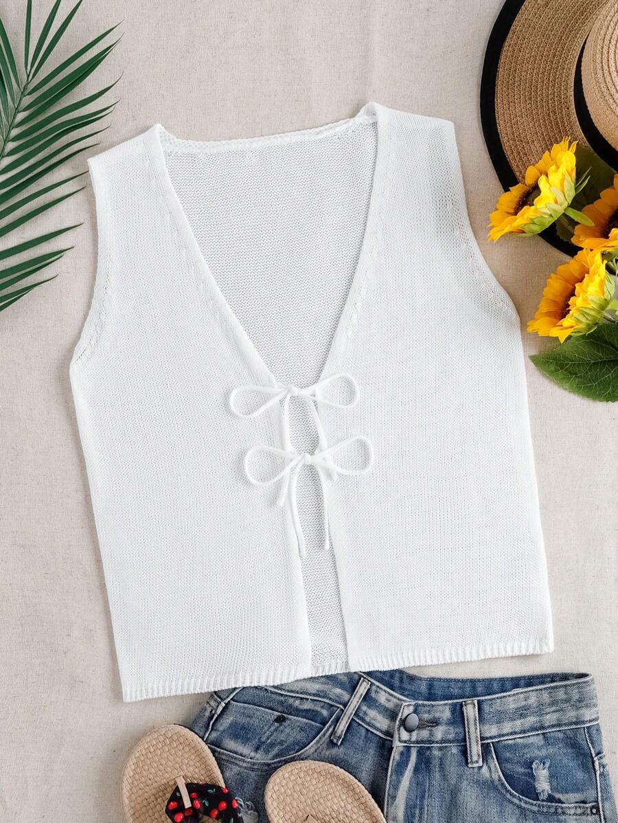SHEIN Unity Women's Summer Solid Color Front Tie Crew Neck Sleeveless Loose Cardigan Sweater - White - View 1