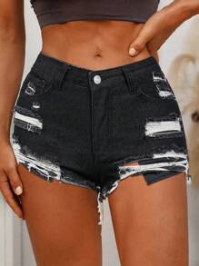 SHEIN PETITE Women's Button Pocket Ripped Design Casual Denim Shorts - Black - View 3