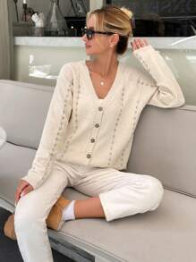 RueChic Women V-Neck Front Button Rhinestone Detailed Drop Shoulder Cardigan - Beige - View 6