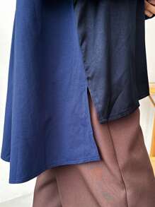 FRIFUL 女士纯色落肩长袖宽松休闲衬衫，春夏秋装 - 藏蓝色 - 查看 7