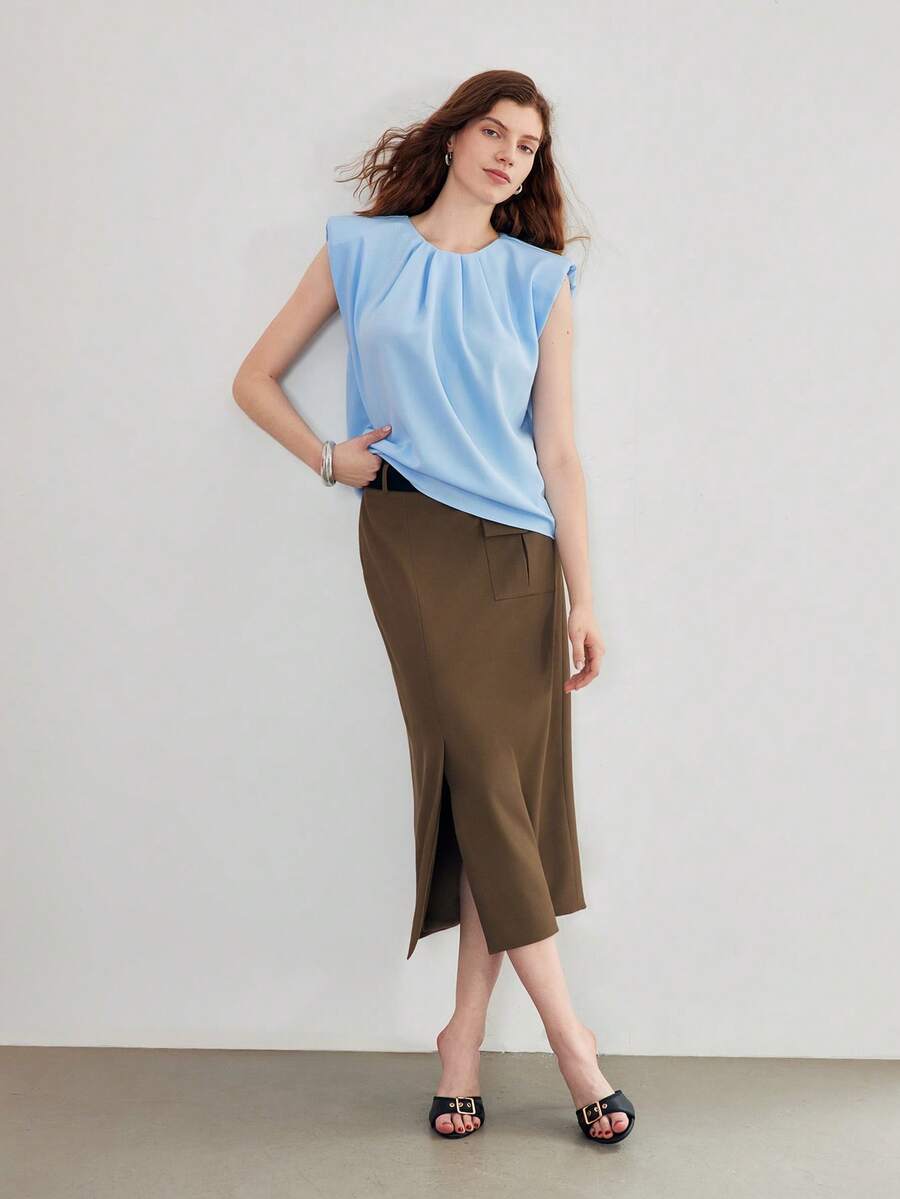 MOTF STUDIO ÁO KIỂU NỮ MÙA HÈ MÀU TRƠN CỔ TRÒN TAY NGẮN NHÚN NHÚN