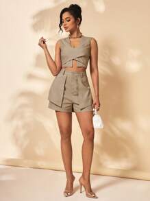 Alessandra Mello 设计师女士不对称领口无袖低胸系带优雅上衣，适合夏季、棉质、假日、度假、外出、节日、伊比沙岛 - 卡其色 - 查看 4