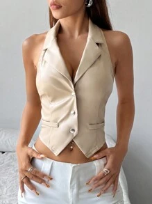 Flirla 女式无袖翻领 PU 皮革背心夹克 - 杏色 - 查看 1