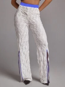 SHEINNeu Pantalones anchos de pierna ancha, estilo hawaiano relajado, cintura alta, texturizados, semitransparentes, con hendidura en el bajo y cinturilla morada - Amarillo - Ver 4