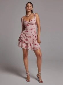 SHEINNeu Women's Summer Elegant Ditsy Floral Twist Front Ruffle Hem Cami Dress