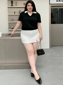 Dazy Plus Color Block Splice Lapel Solid Fitted Short Sleeve Slim Fit T-Shirt, Spring/Summer,Teacher Outfits - Black - View 7