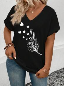 INAWLY Plus Size Women's V-Neck Ruffle Cuff Feather Print Casual Blouse Graphic Tees Women Tops - Multicolor - View 4