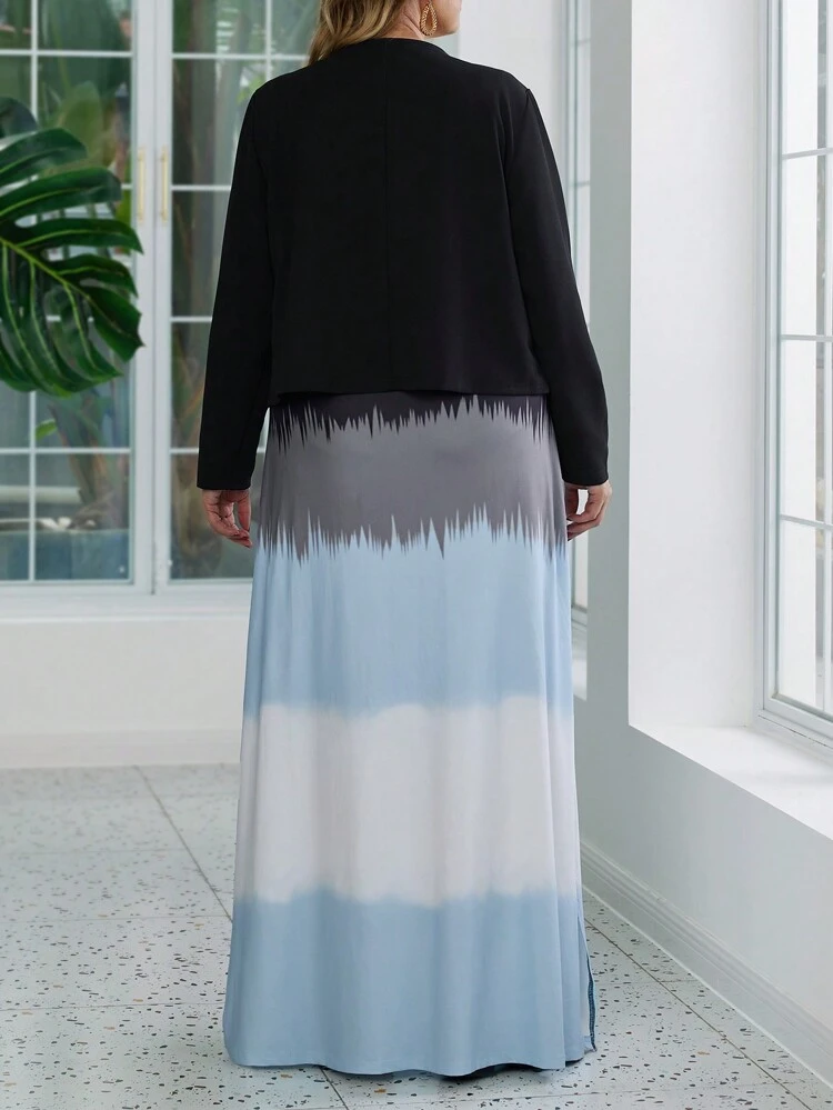 2 pièces Ensemble robe avec encolure à œillet sans manches et couleur contrastée en plus grande taille et veste mode à manches longues pour femmes