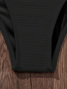 SHEIN Swim 女士純色交叉胸前性感比基尼套裝，適用於夏季沙灘（帶有加強墊片和鋼圈） - 黑色 - 查看 4