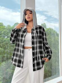 SHEIN EZwear Plus Size Women's Casual Plaid Splice Design Loose Hooded Shacket For Fall & Winter - Multicolor - View 6