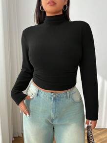 SHEIN EZwear Áo cổ lọ lót nhiệt cơ bản tay dài màu đen cạp chun cỡ lớn cho nữ, mùa đông - màu đen - Xem 7