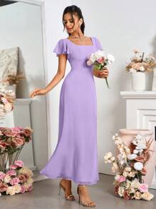 SHEIN Belle Vestido feminino maxi com fenda e decote quadrado sem costas para dama de honra - Roxa - Ver 5